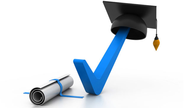 checkmark with graduation diploma and cap