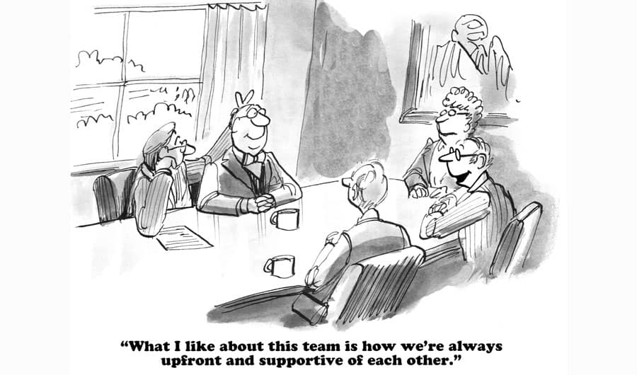 business cartoon talking at conference table